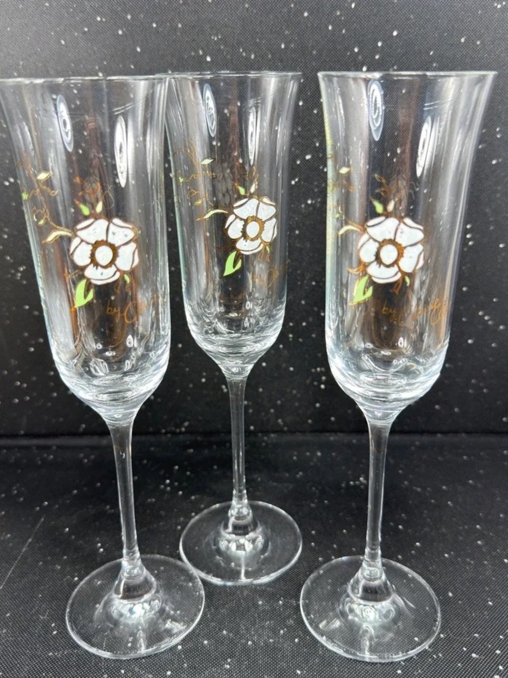 Clear Floral Champagne Flutes with White & Gold Flower Accents